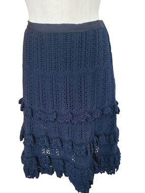Oscar de la Renta Navy Cotton Crochet Skirt Lined In Silk